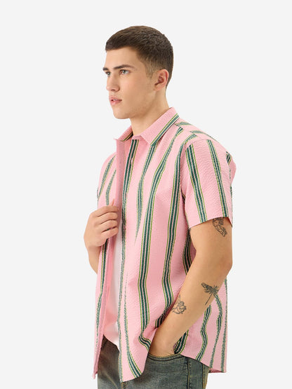 The Souled Store Azalea Men and Boys Short Sleeve Collared Neck Button Front Pink Striped Regular Fit Cotton Summer Shirts