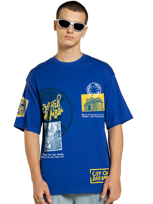 Bewakoof MenS Graphic Printed Oversized Fit Half Sleeve Round Neck 100% Cotton T-Shirt_676081_Blue_L