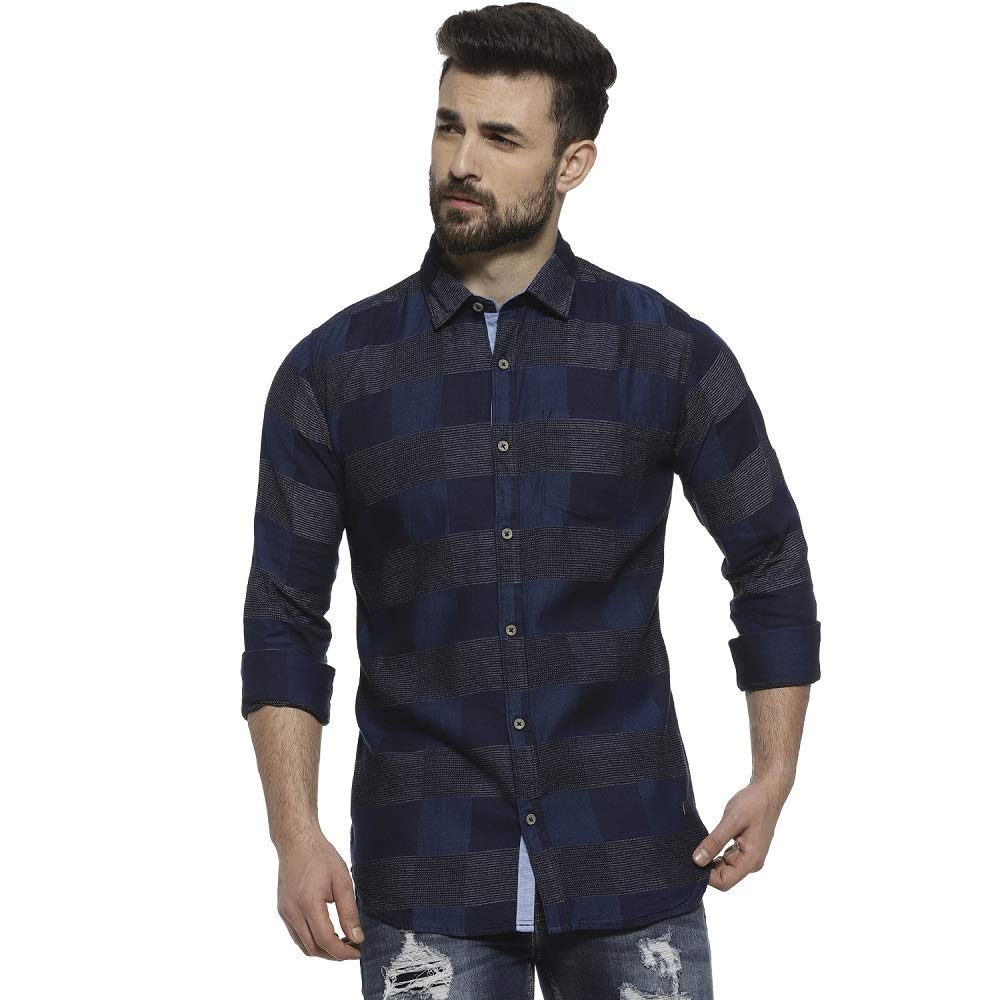 Campus Sutra Mens Denim Blue Buffalo Checked Shirt for Casual Wear | Spread Collar | Long Sleeve | Button Closure | Cotton Shir