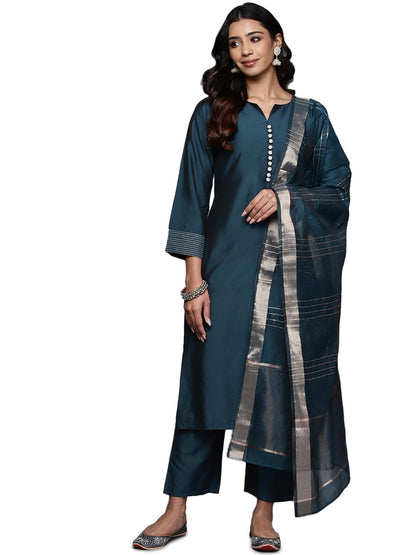 Libas Gerua Womens Solid Silk Blend Straight Kurta With Trousers And Dupatta