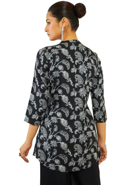 Soch Womens Black Rayon Tunic with Floral and Paisley Print