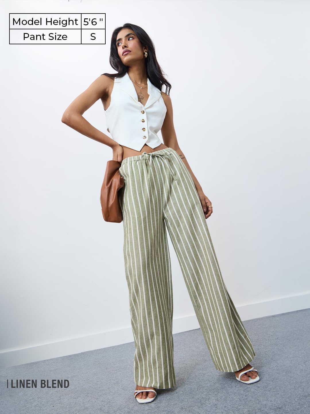 The Souled Store: Mustang Women and Girls Drawstringed Green Vertical Stripes Cotton Linen Blend Straight Fit Pants