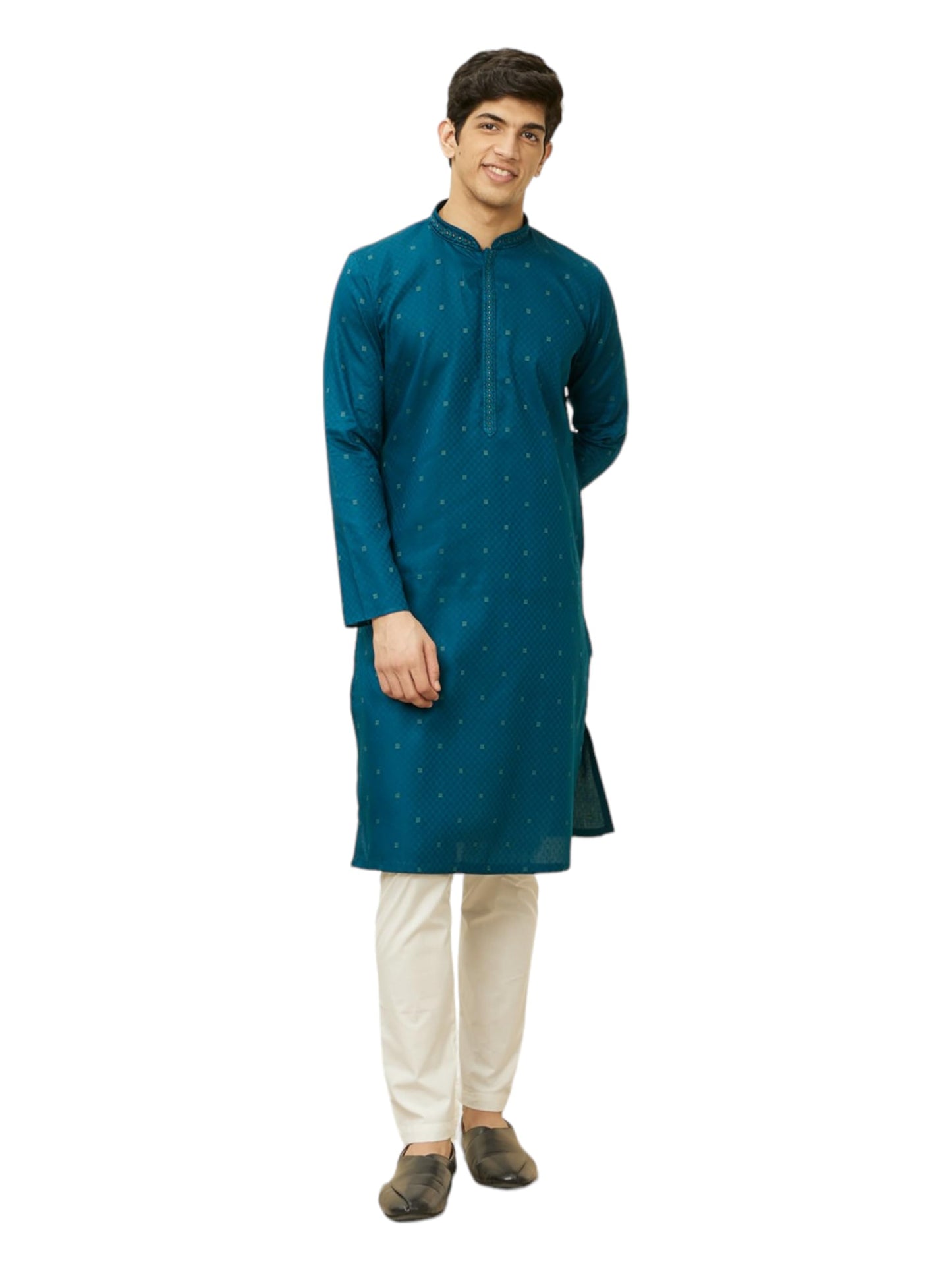 Manyavar Mens Blue Cotton Self Design Kurta Pyjama Set