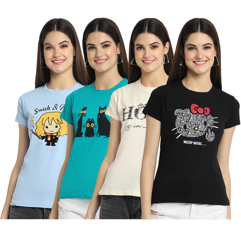 Preneum Womens Cotton Regular Fit Latest Graphic Stylish Printed Short Sleeves Casual T-Shirt || Trendy (Pack 4), Blue & Blue &