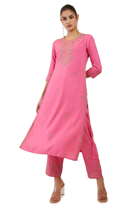 Soch Womens Blush Pink Rayon Floral Embroidered Kurta Set