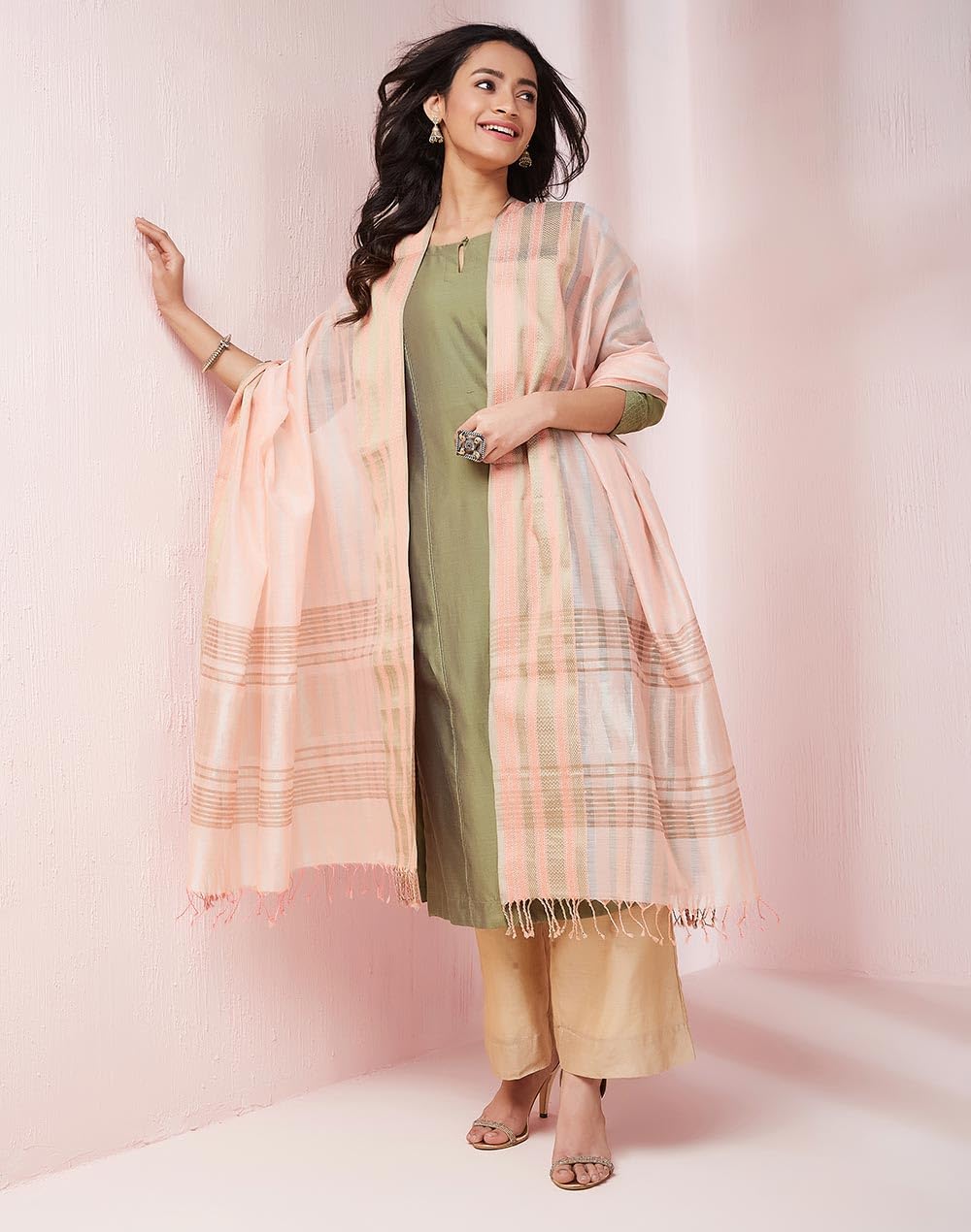 Fabindia Peach Cotton Silk Blend Maheshwari Dupatta (2.5m x 92cm) (Free Size)