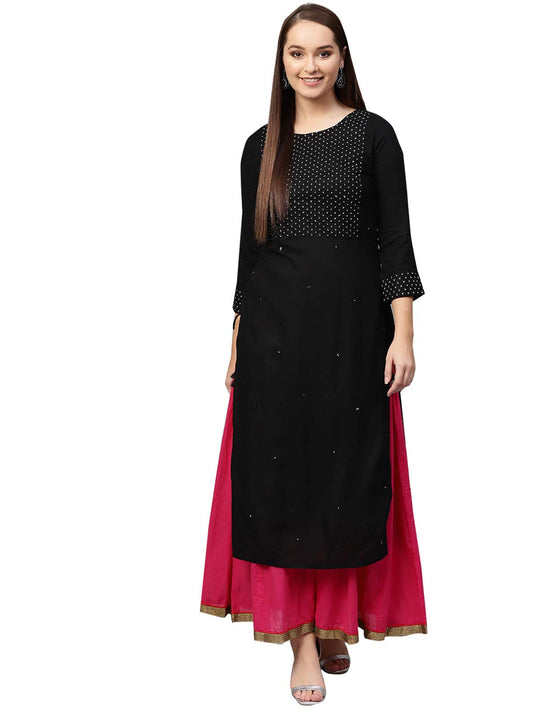 ishin Women's Viscose Rayon Black Embroidered A-Line Kurta
