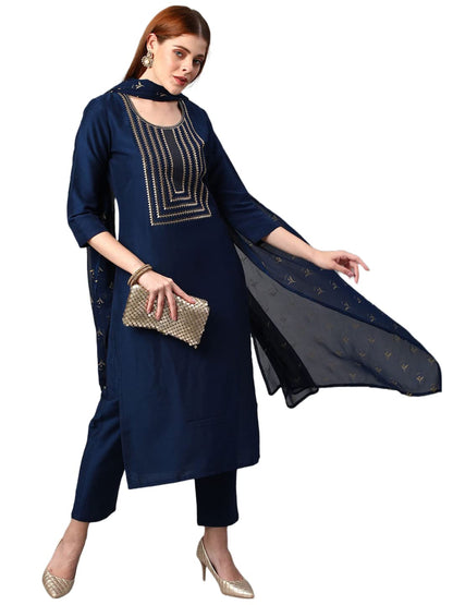 ANNI DESIGNER Womens Cotton Blend Solid Straight Kurta with Pants & Dupatta (Indira-Cerosin_XL_Dark Blue_X-Large)