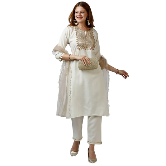 Gufrina WomenS Cotton Blend Kurta Pant With Round Neck 3/4Th Sleeves Solid Pattern Embroidery Work Regular Fit And Calf Length