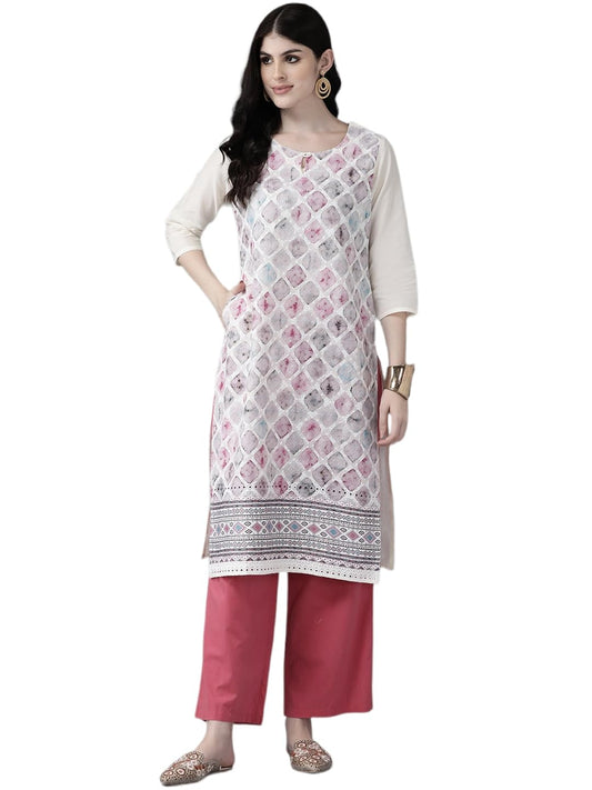 Aarika Womens Cream-Pink Color Cotton Kurti