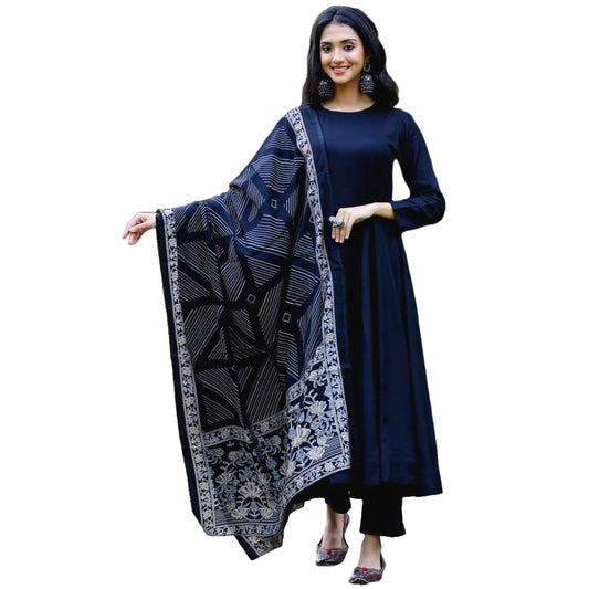 Gosriki WomenS Rayon Blend Solid Anarkali Kurta With Pant & Dupatta (Friday Blue-Gs_Xl_Blue_X-Large)