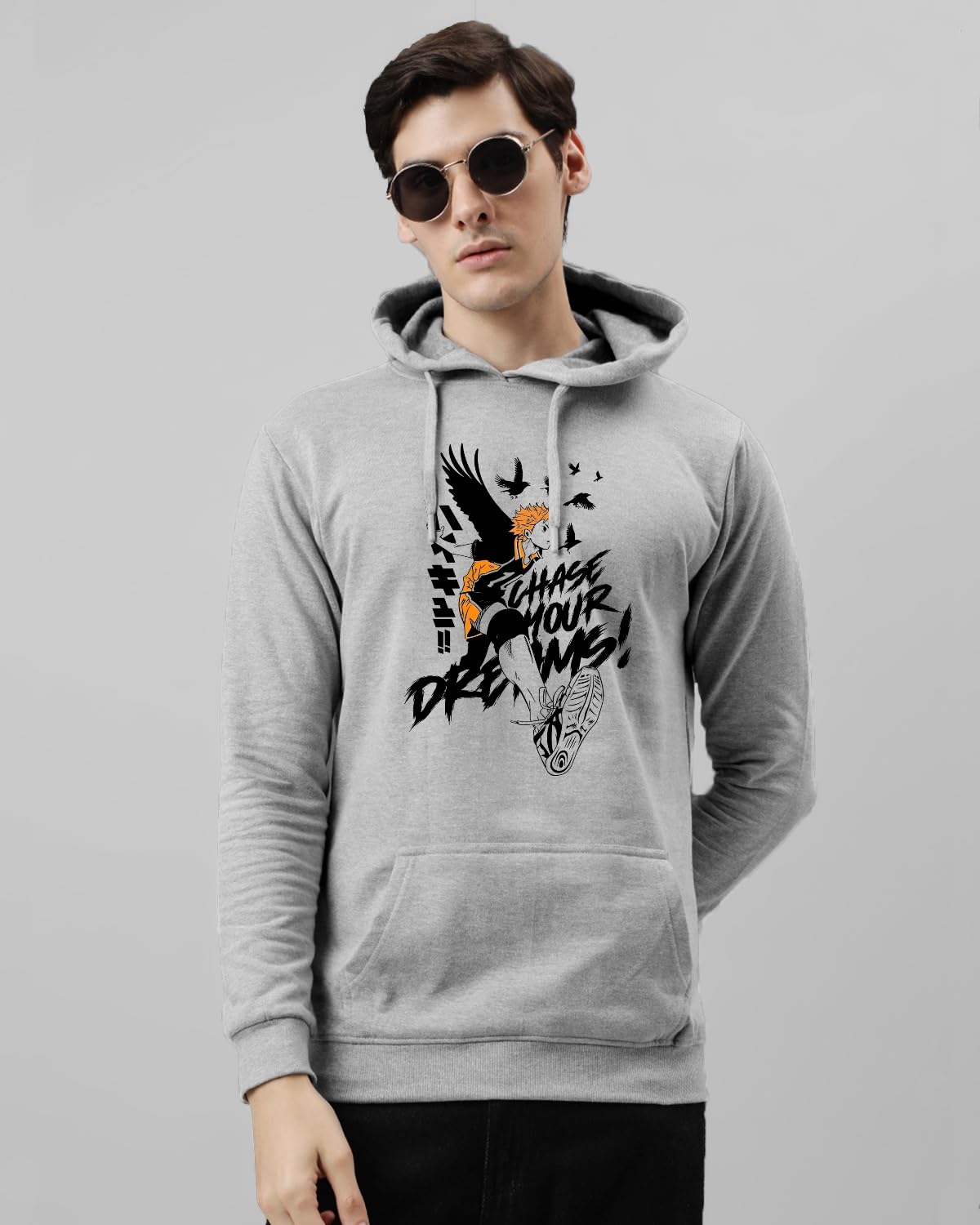 ADRO Men's Cotton Neck Hooded Sweatshirt (H24-M-DREAM-GR_Grey