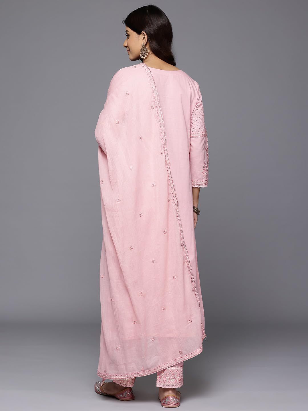 VARANGA Women Peach Floral Thread Embroidered Sequins Embellished With Lace Deatiled Kurta With Bottom And Dupatta