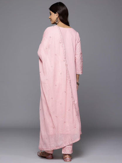 VARANGA Women Peach Floral Thread Embroidered Sequins Embellished With Lace Deatiled Kurta With Bottom And Dupatta
