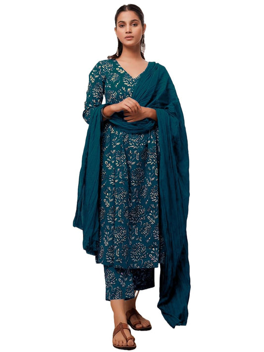 GoSriKi Womens Cotton Blend Anarkali Printed Kurta with Pant & Dupatta (Dabu Violet-GS_Dark Blue