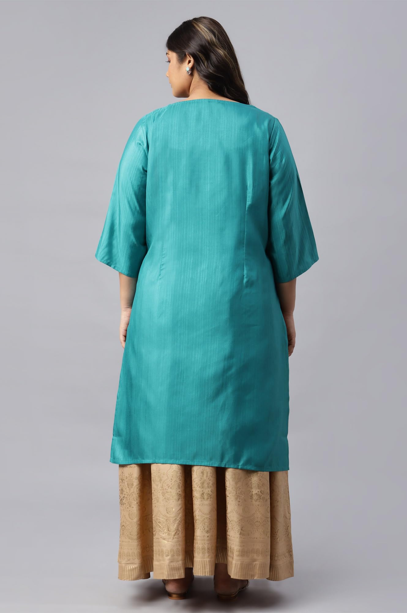 W for Woman Teal Straight Plus Size Kurta with Sequin Highlight