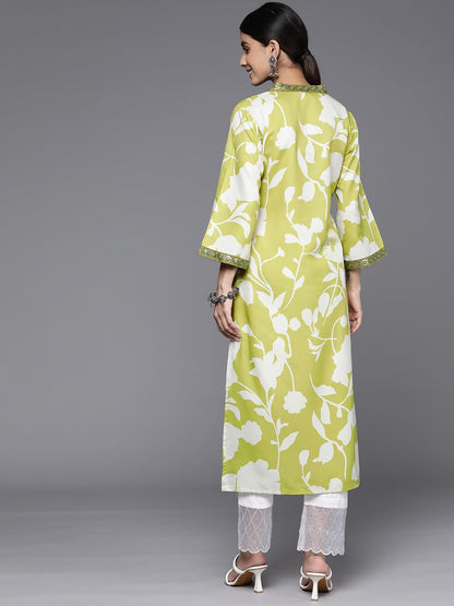 Varanga Women Lime Green Floral Printed V-Neck Kurta With Three Quarter Bell Sleeves - Comfortable Cotton Ethnic Kurti Set For W