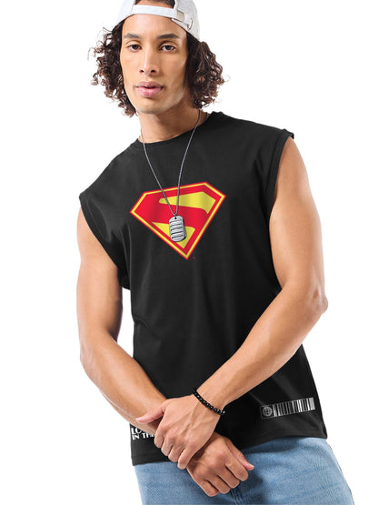 Bewakoof Official DC Merchandise Superman Mens Graphic Printed Oversized Fit Sleeveless Round Neck Pure Cotton Vest_677732_Blac