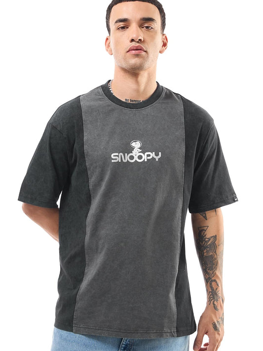 Bewakoof Official Peanuts Merchandise Snoopy Mens Cut & Sew Oversized Fit Half Sleeve Round Neck Pure Cotton Acid Wash T-Shirt_