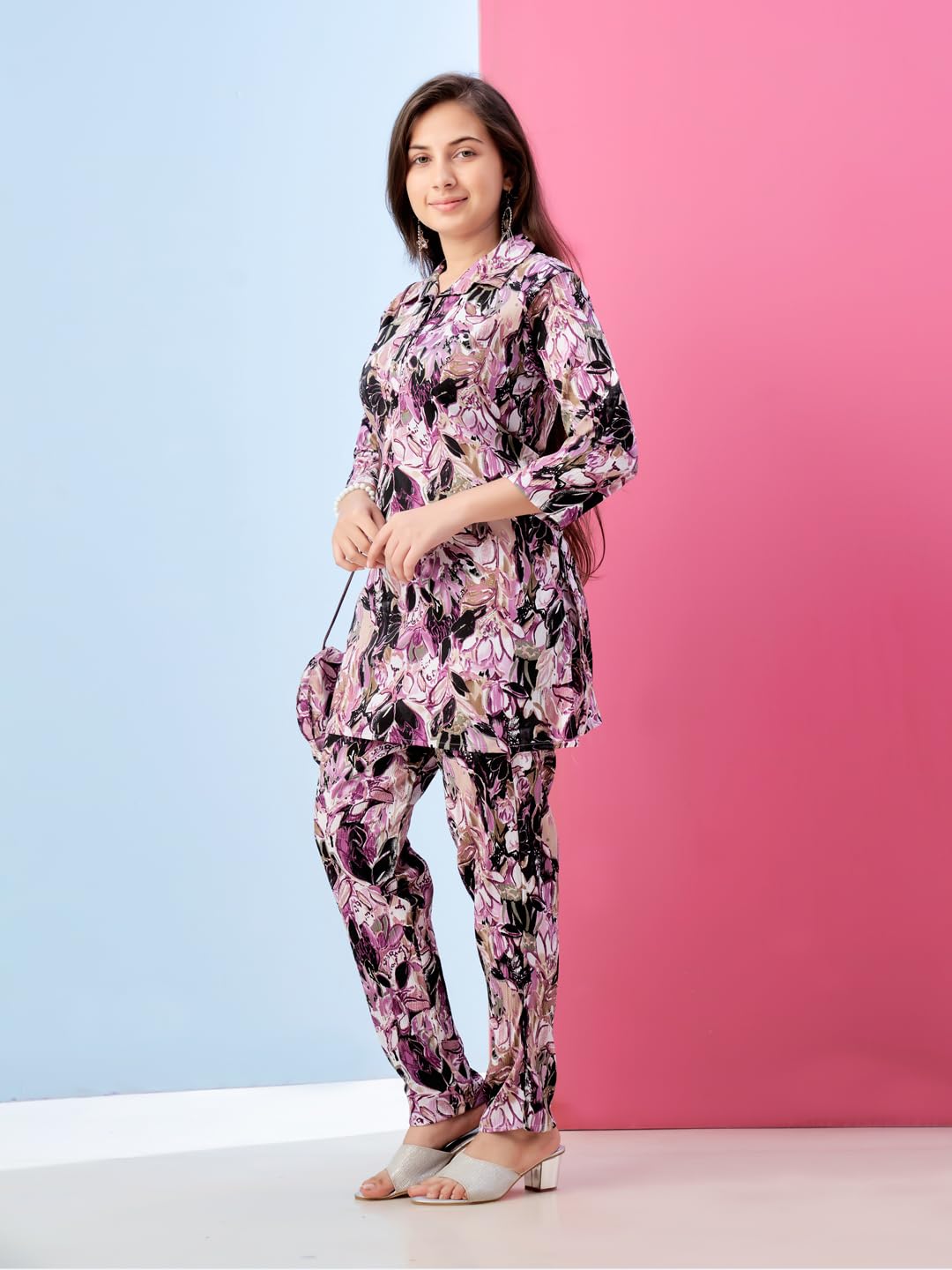 Aarika Girls Casual Wear Wine Colour Floral Print Polyester Co-ord Set-8-15 Years (KP-TR-K-971)