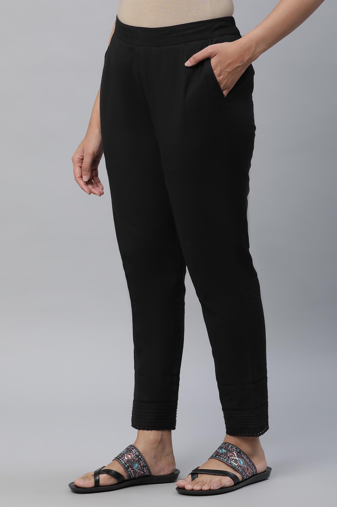 Aurelia Black Solid Cotton Blend Regular Trousers for Women