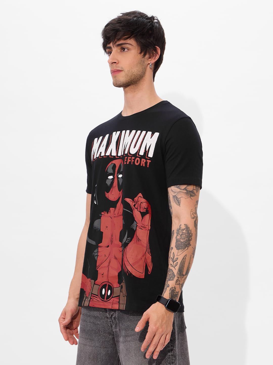 The Souled Store Official Deadpool Originals: Maximum Effort Men and Boys Short Sleeve Round Neck Graphic Printed Regular Fit Co