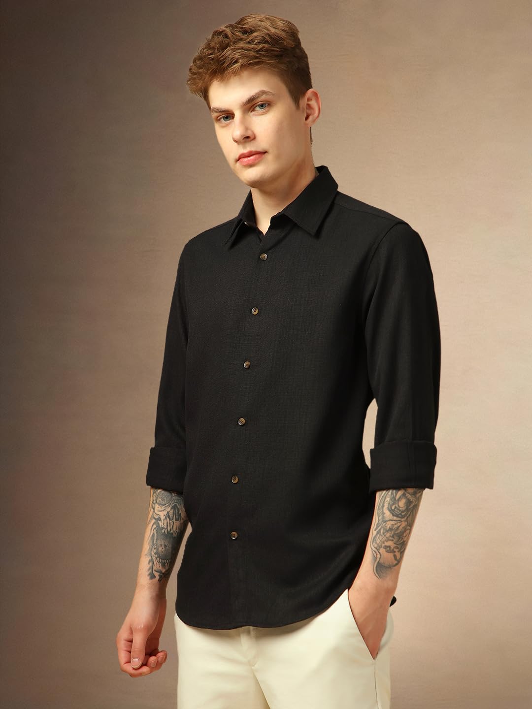 Dennis Lingo Solid Full Sleeves Spread Collar Polyester Regular-Fit Men Casual Shirt Black