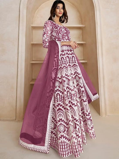 PATLANI Womens Naylon Net Embroiered Full Stitched Gown with Dupatta. Purple