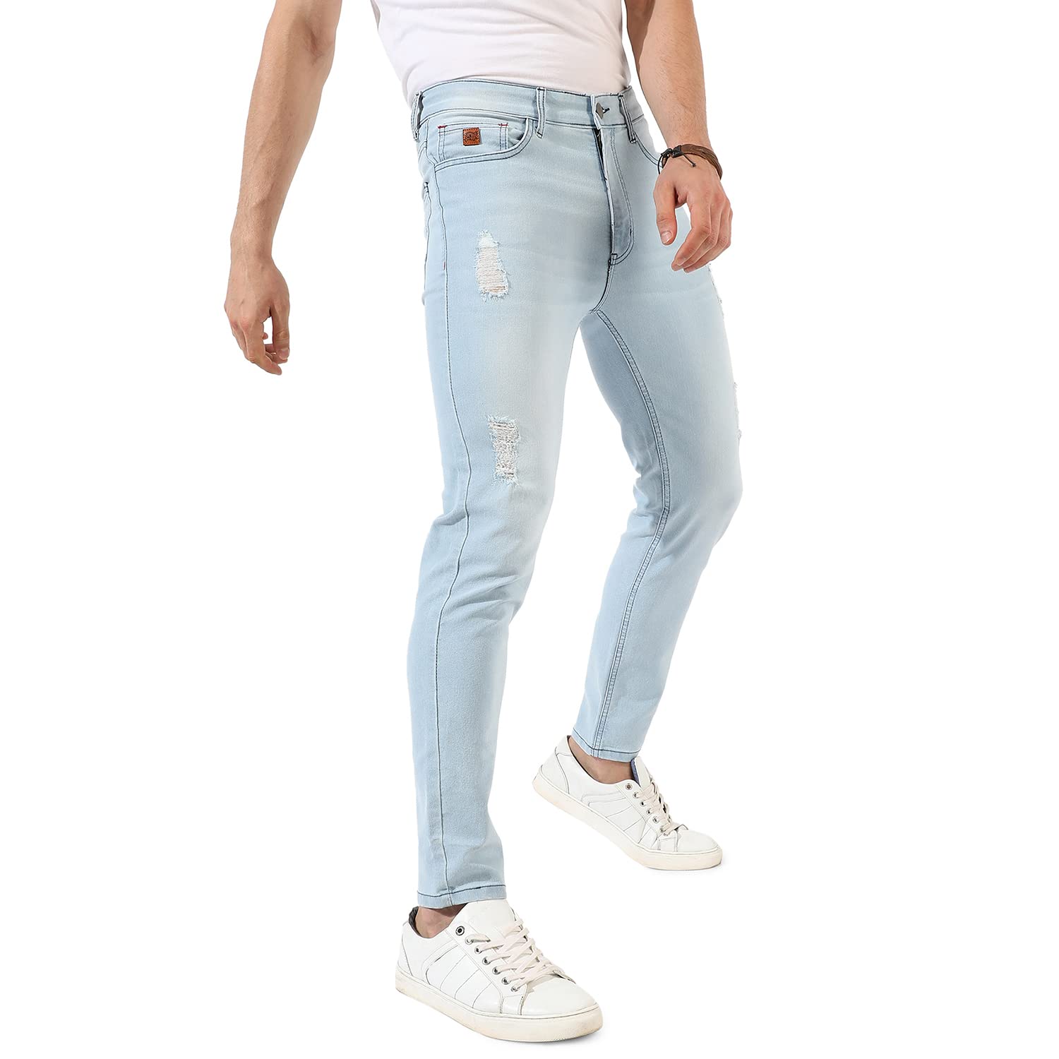 Campus Sutra Mens Classic Light Blue Light-Washed Distressed Patterned Denim Jeans, Regular Fit, Premium Stretchable Cotton Mid
