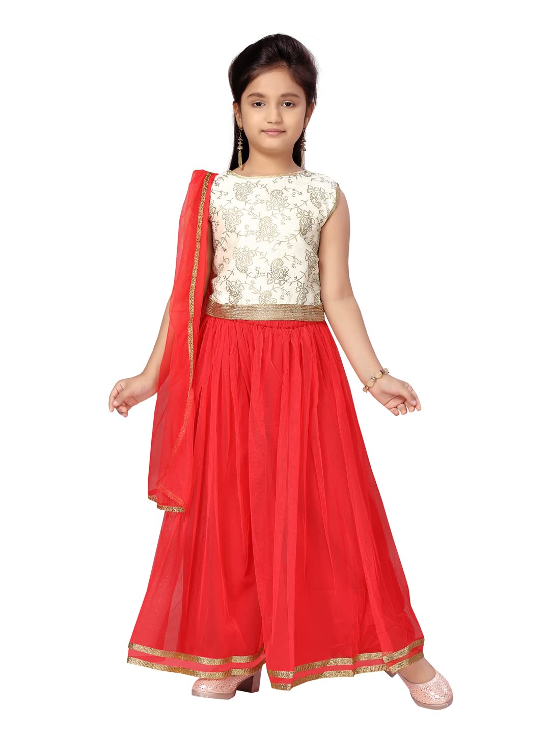 Aarika Girl'S Silk,Net Lehenga Choli Set (Pl-A-22146_Cream-Gajri_8-9 Years)