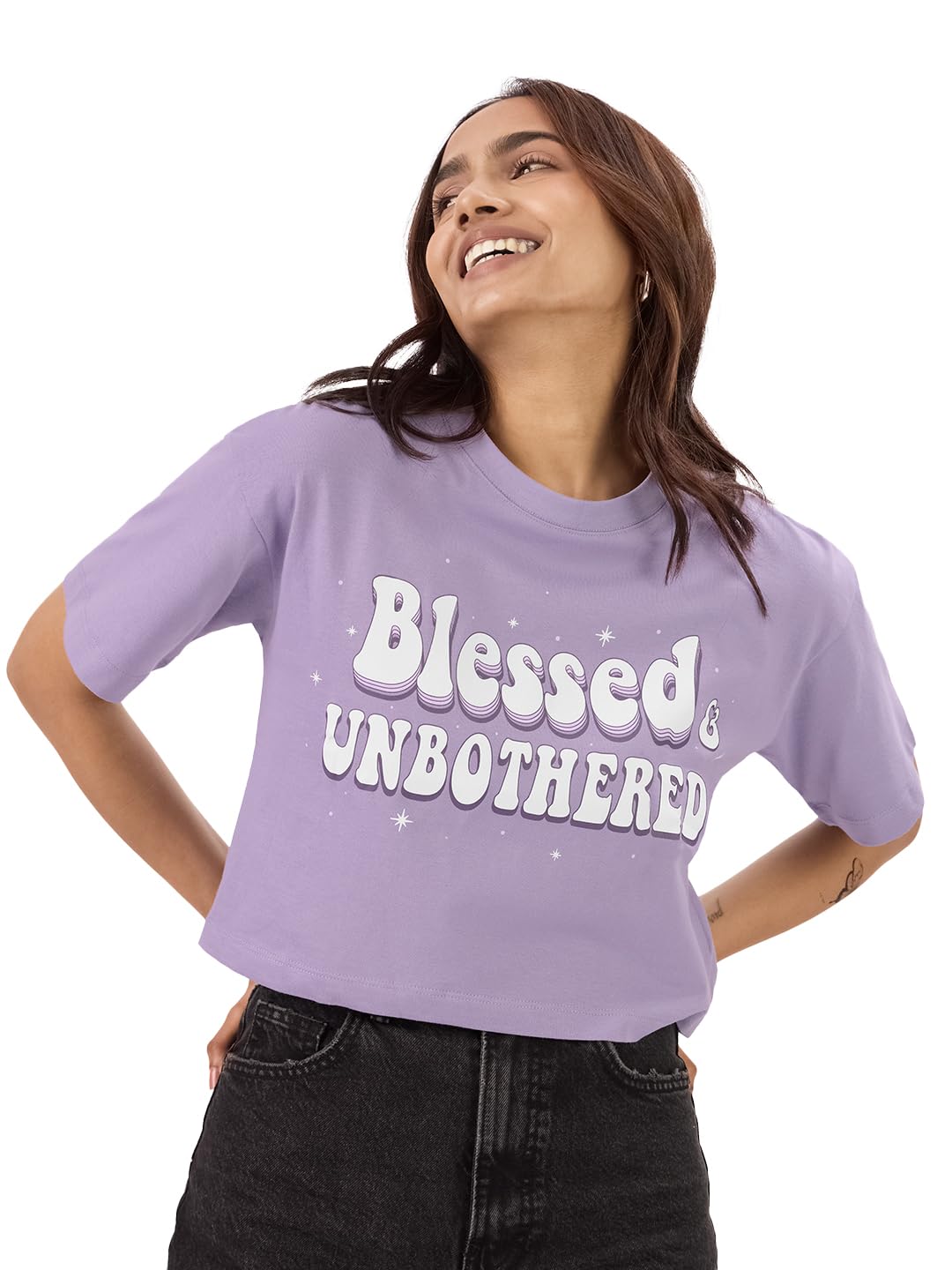 The Souled Store : Blessed and Unbothered Womens Oversized Fit Graphic Printed Half Sleeve Cotton Cropped T-Shirt