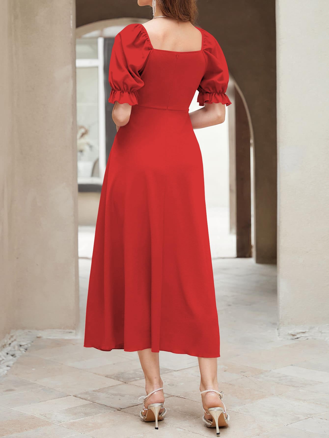 Shasmi GirlS & WomenS Solid Red A-Line Ruched Puff Sleeve Maxi Long Evening One Piece Long Dress For Women Stylish (Dress 131