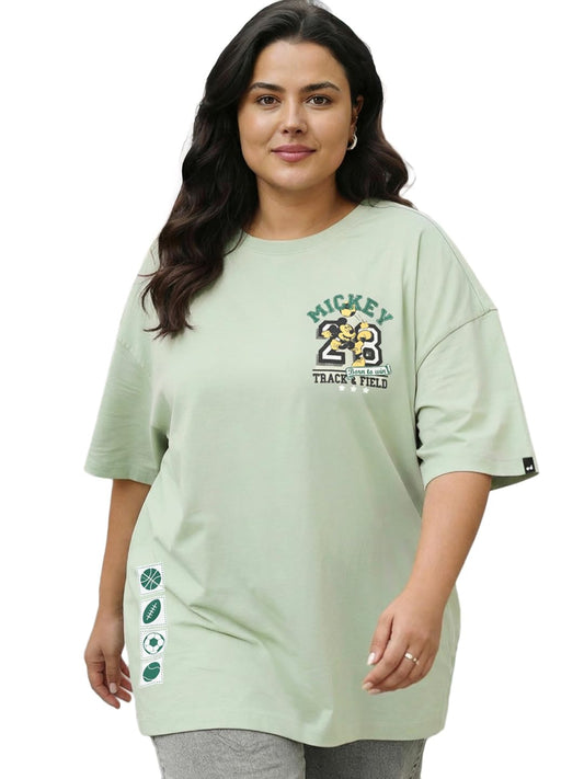 Bewakoof Disney Mickey Womens Graphic Print Oversized Fit Half Sleeve Round Neck Cotton Plus Size T-Shirt_685537_Green_5XL