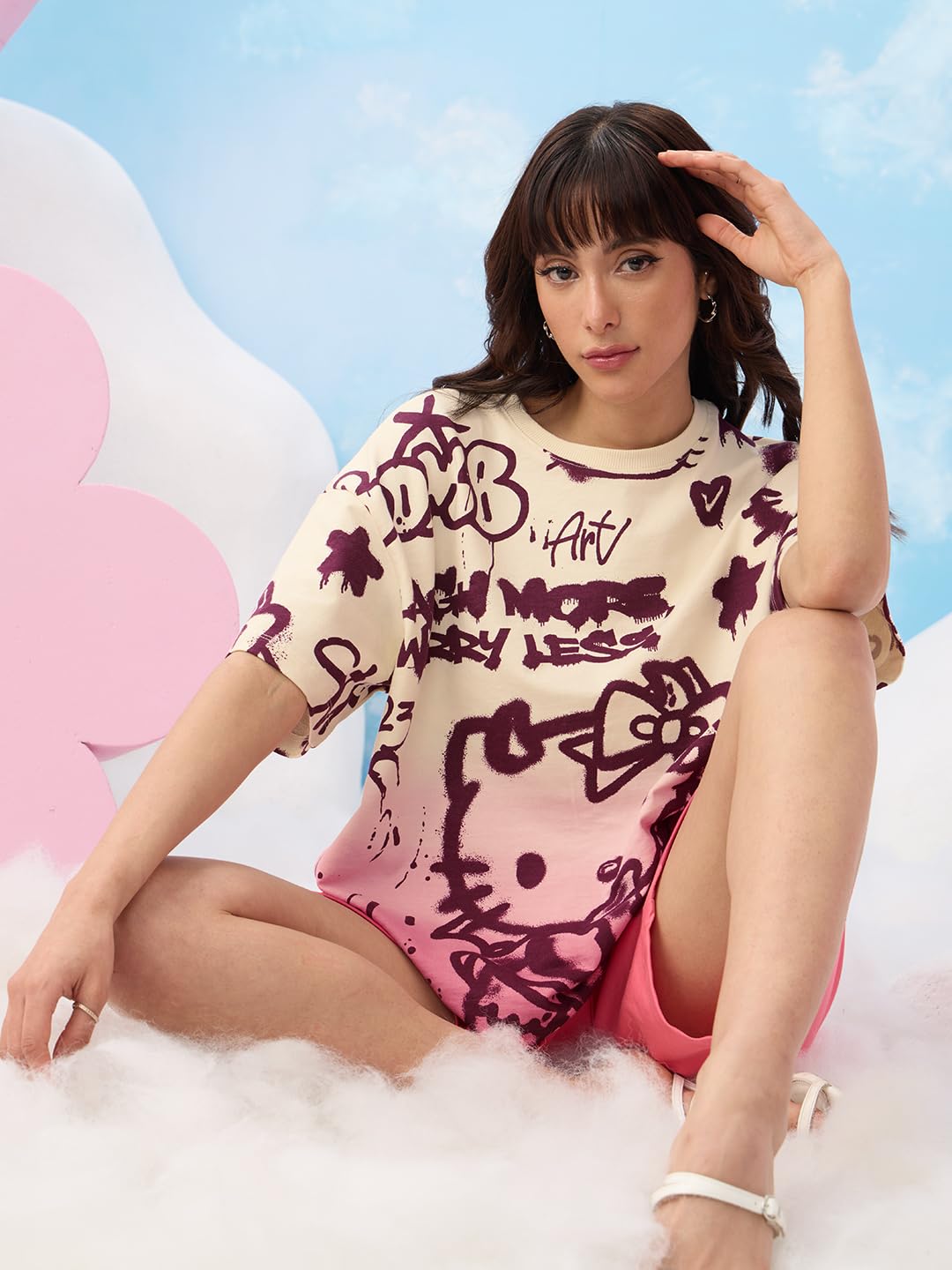 The Souled Store Official Hello Kitty: Laugh More Women and Girls Short Sleeve Round Neck Graphic Printed Cotton Oversized T-Shi