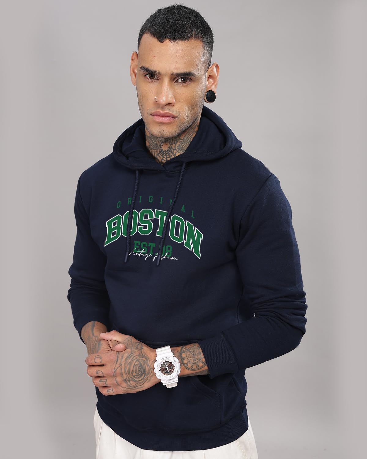 ADRO Men's Cotton Neck Hooded Sweatshirt (H24-BOST-NB_Navy Blue