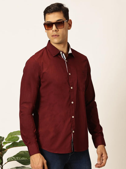 Thomas Scott 100% Cotton Long Sleeve Solid Regular Fit Casual Shirts for Mens Wine
