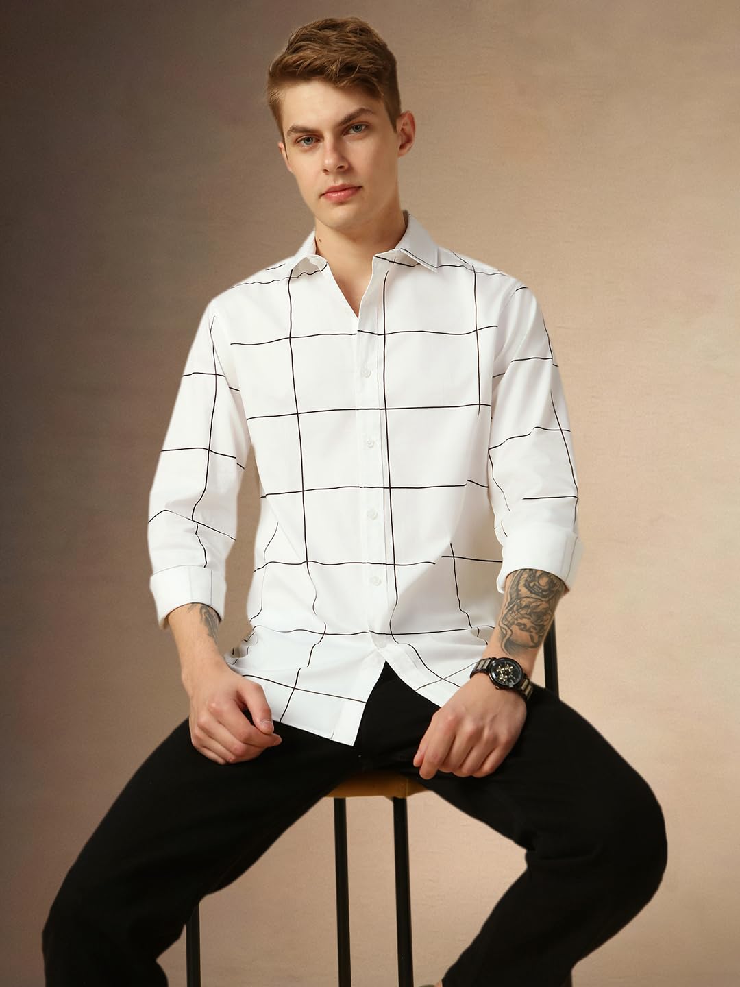 Dennis Lingo MenS White Full Sleeve Spread Collar Checkered Regular Fit Casual Shirt