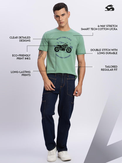 ADRO Men's Royal Bike Design Printed 100% Cotton T-Shirt - Regular Fit, Printed T-Shirts for Men (RN24-RYL-PT_Pista)