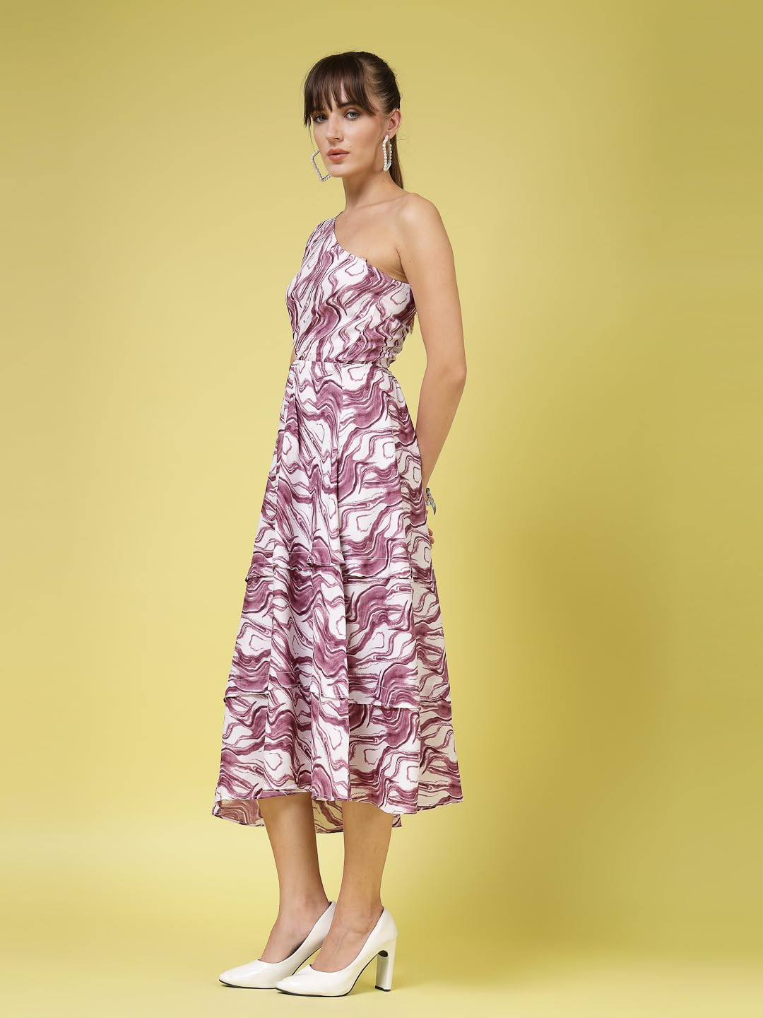 OOMPH! Womens Western & Fusion wear Printed Crepe Dress for Women, One Shoulder, Purple - md1076