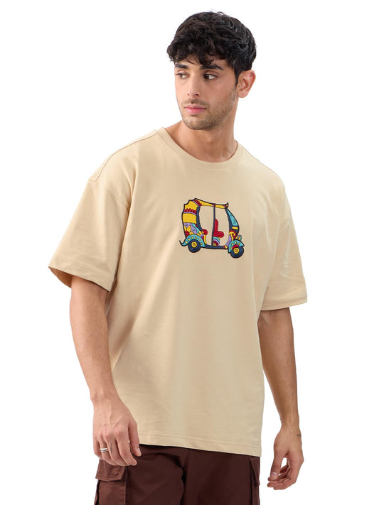 The Souled Store Auto Men and Boys Short Sleeves Round Neck Beige Embroidered Cotton Oversized T-Shirts