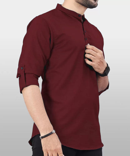 Deemoon MenS Cotton Blend Kurta With Solid Regular Fit Mandarin Collared Neck Full Sleeve And Waist Length | Kurtas For Men | M
