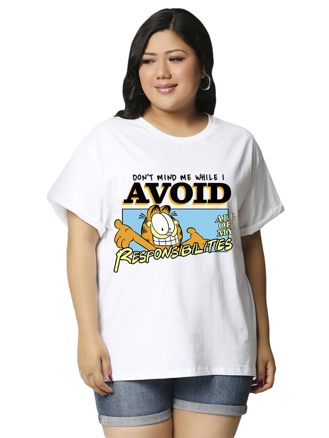 Bewakoof X Official Garfield Merchandise Womens Avoiding Responsibilities Graphic Printed Cotton T-Shirt - Boyfriend Fit, Round