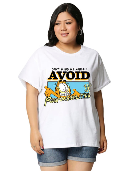 Bewakoof X Official Garfield Merchandise Womens Avoiding Responsibilities Graphic Printed Cotton T-Shirt - Boyfriend Fit, Round
