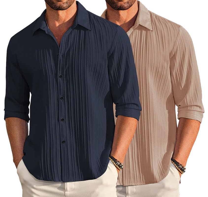 Deelmo Combo Of MenS Casual Button Down Shirts Long Sleeve Linen Shirt Fashion Textured Summer Shirts Pack Of 2