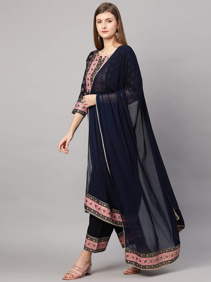 GoSriKi Women's Cotton Blend Straight Printed Kurta with Pant & Dupatta (Sitara-GO)