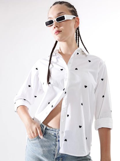 Hubberholme Women Oversized 100% Cotton Embroidered Spread Collar Shirts-1