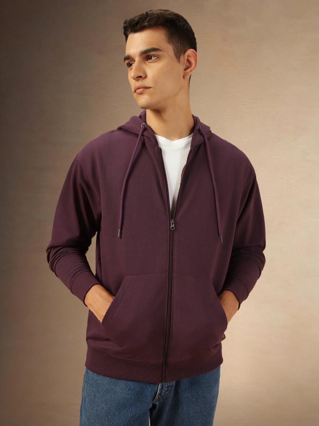 Dennis Lingo Men Regular Fit Cotton Solid Full Sleeves Hooded Front Open Sweatshirt Purple
