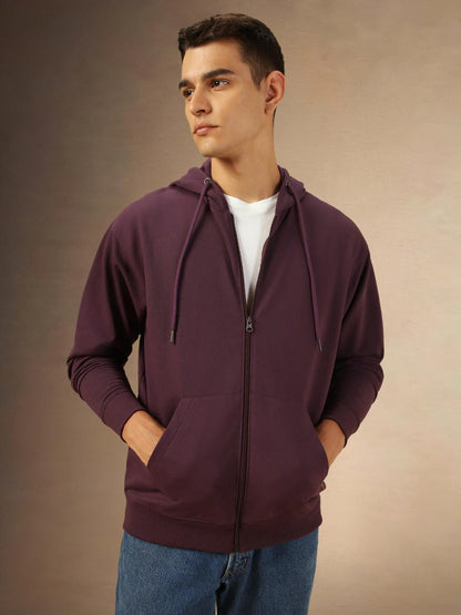 Dennis Lingo Men Regular Fit Cotton Solid Full Sleeves Hooded Front Open Sweatshirt Purple