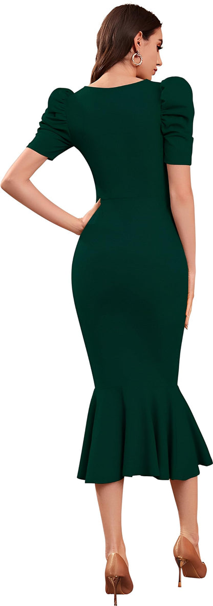 Satpurush WomenS Lycra Blend Sweet-Heart Neck Puff Sleeve Fit And Flared Calf Length Casual Bodycon Dress For Party, Office, Me