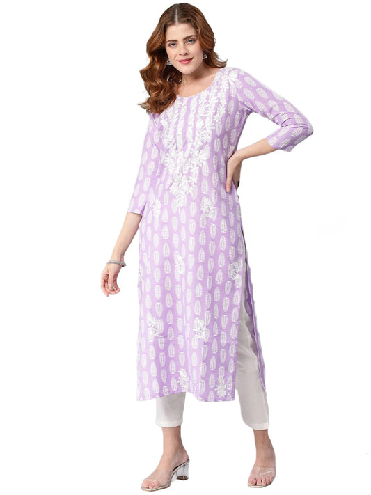 GoSriKi Women's Cotton Blend Printed Straight Chikankari Embroidered Kurta (Nal Purple-GS)